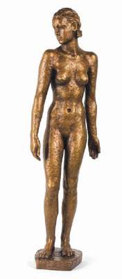 Georg Kolbe, 1877-1947, Schreitendes Mädchen, Bronzeskulptur, 1925, monogr. "GK", mit Gießerstempel H.Noack Berlin, H. ca. 107,5 cm, Es ...
