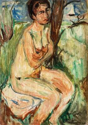 Hans Purrmann, 1880-1966, sitzender Akt, 1919, Öl/Holz, signiert re unten "H. Purrmann", Platte 21,3x15 cm, unter Glas gerahmt, gesamt ...