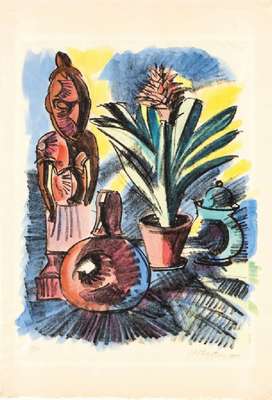 Max Pechstein, 1881-1955, Stillleben mit Holzfigur und Amaryllis, aquarellierte Lithographie, re unten handsign., dat. 1923, li unten num. XVIII, ...