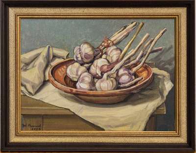Werner Brand, geb. 1933 Löbau, Knoblauch, Öl/Hartfaser, sign., dat. 2006, ca. 30x40 cm, Rahmen