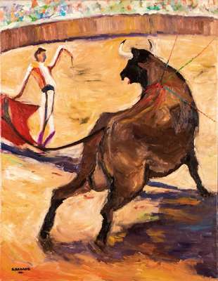 Boris Pavlov, 1928-2005, Moskau/Paris, Stierkampfarena II, Öl/Lwd, li unten sign. und dat. 1981, verso bezeichnet, ca. 90x70 cm, mit verso ...