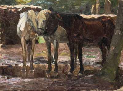 Otto Dill, 1884-1957, Pferde im Regen, Öl/Lwd, verso handsign., um 1915, verso mehreren Etiketten, ca. 60x80 cm, Rahmen, Provenienz: Nachlass des ...