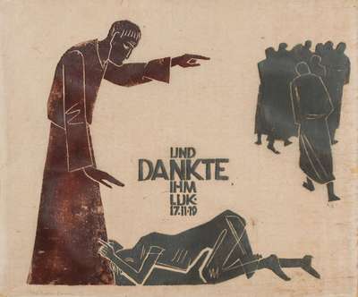 Rolf Müller-Landau, 1903-1956, Holzschnitt, Und dankte ihm, Luk. 17-11-19, handsign., ca. 44x52 cm, unter Glas gerahmt, gesamt 69x74cm