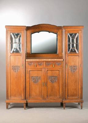 Jugendstil-Zierschrank, südwestdeutsch / Frankreich, um 1910, Eiche massiv, 2 Seitenschränke, 4-türig, 2-schübig, fac. Spiegel, Seitenvitrinen ...