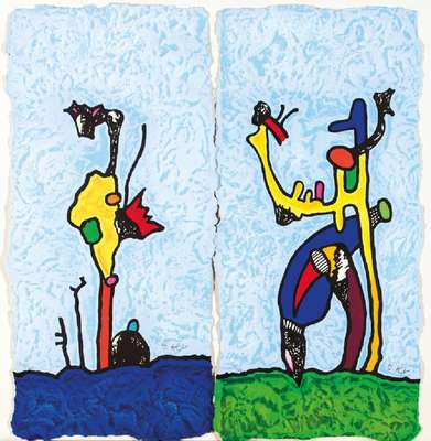 Otmar Alt, geb. 1940, Trance - Der Hund und Der Vogel, Konvolut aus 2 Serigraphien auf strukturiertem Papier, je sign., dat. 2008, num. 40/120 bzw. ...