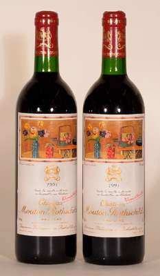 2 Flaschen 1991 Chateau Mouton Rothschild, Pauillac, Premier Grand Cru Classe, je ca. 75 cl, 12,5 % Vol., Füllstände: je ca. into neck,unverkostet, ...