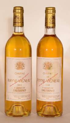 2 Flaschen 1986 Chateau De Rayne Vigneau Sauternes, Premier Grand Cru, je ca. 75 cl, 14 % Vol., Füllstände: je ca. into neck, unverkostet, sehr ...