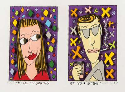 James Rizzi, 1950-2011, Here´s looking at you Babe, 3D-Lithographie, handsign., num. LXXXI/C, dat. 1997, ca. 17x21 cm, unter Glas gerahmt, gesamt ...