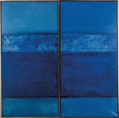 Gaston Galé, zeitgenössischer Belgischer Künstler, 2 Pendants in Blau, sign., ca. 100x50 cm, Leisten