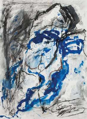 Lypos, zeitgenössischer Französischer Künstler, Komposition in Blau-Grau, sign., Motiv 50x75 cm, unter Glas gerahmt, gesamt 92x72 cm