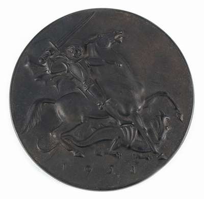 Arno Breker, 1900-1991, Heiliger Georg, Jahresplakette 1953, Eisenguss, Gießerstempel Buderus, ca. 14 cm