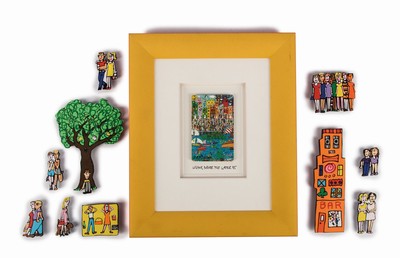 James Rizzi, 1950-2011, Konvolut aus einer Telefonkarte und 10 Magneten , Telefonkarte sign., num. 219/500, unter Glas gerahmt, Karte ca, 8,5x5,5 cm, ...
