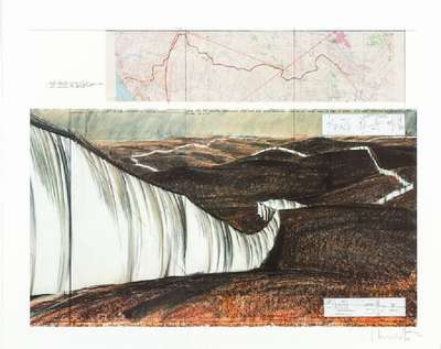 Christo, geb. 1935, Running Fence,(Project for Marin Country and Sonoma Country, California), 1976, Granolithographie mit Collage auf strukturiertem ...