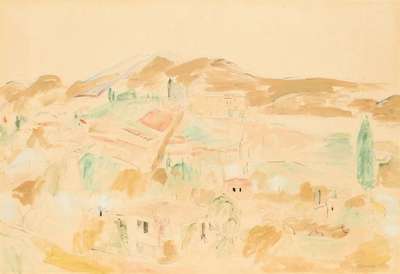 Hans Purrmann, 1880-1966, Landschaft in Italien, Aquarell auf Büttenkarton, 1940, re unten handsign., Blattgr. 35x61 cm, unter Glasgerahmt, gesamt ...