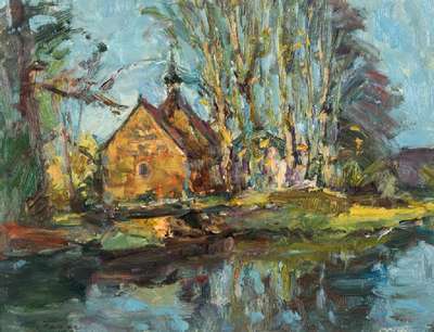 Albert Feser, 1901-1993, Haseldorfer Kirche, Öl/Karton, sign., verso Nachlassstempel, ca. 41x50 cm, Rahmen