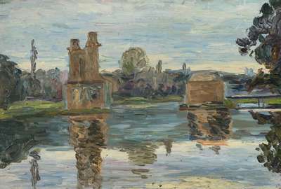 Albert Feser, 1901-1993, Am See, Öl/Karton, unsign., Nachlassstempel, Rahmen, ca. 33,5x47 cm