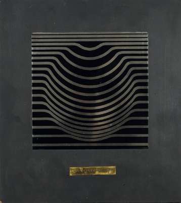 Victor Vasarely, 1906-1997, Serigraphie auf Metall, Kanten mit Farbabblätterung, ca. 17x17cm, auf Karton angebracht, ca. 30x27 cm