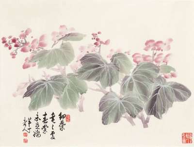 asiatischer Künstler, Aquarell/Tusche- Malerei, mit Seidenbrokat umrandet, Künstlersiegel, Blattgr. ca. 50x47,5cm