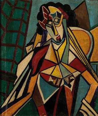 Künstler der russischer Avantgarde, abstrakte Komposition, Öl auf grober Lwd, unsign., ca. 59x50 cm, unter Glas gerahmt, leichte Krakeluren