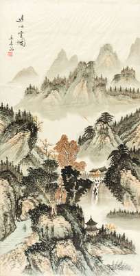 asiatischer Künstler, Aquarell auf Seide, Künstlersiegel, kleiner brauner Fleck auf der Seide, ca. 117x60 cm, unter Glas gerahmt