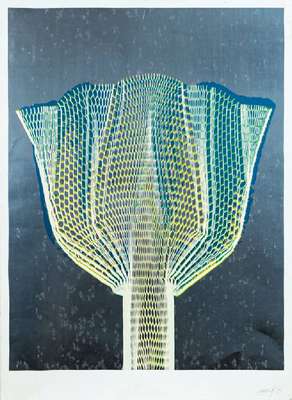 Heinz Mack, geb. 1931, Blumenfächer, auf silbernen Grund, 1972, Farbserigraphie mit Silberfolie, handsign., Blattgr. 70,5x49,5 cm