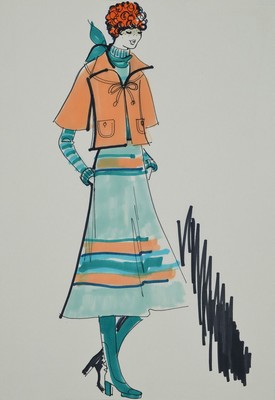 Karl Lagerfeld, geb. 1933 Hamburg, Modezeichnung, Filzstift auf Papier, ca. 29,5x21 cm, Zeichnung auf dickem Papier montiert, Blattgr. 51x34 cm, ...