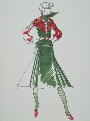 Karl Lagerfeld, geb. 1933 Hamburg, Modezeichnung, Filzstift auf Papier, ca. 34,5x25,5 cm, Zeichnung auf dickem Papier montiert, Blattgr. 51x34 ...