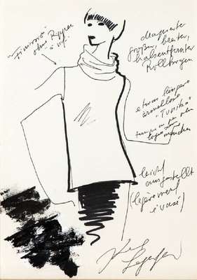 Karl Lagerfeld, geb. 1933 Hamburg, Modeskizze, Filzstift auf dünnem Papier, handsign., teils mit Notizen versehen, Blattgr.29,5x21 cm