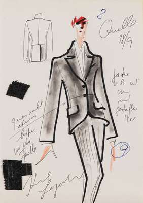 Karl Lagerfeld, geb. 1933 Hamburg, Modeskizze, Filzstift auf dünnem Papier, handsign., teils mit Notizen versehen, dat. Quelle 98/99, Stoffmuster ...