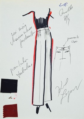 Karl Lagerfeld, geb. 1933 Hamburg, Modezeichnung Hose, mit Stoffmustern, handsigniert, ca. 29.5 x 21 cm, kl. Loch bzw. l. besch. und zwei ...