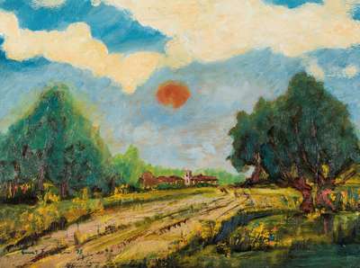 Ernst Fermen, geb. 1947, Landschaft mit Bauernhof in der Eifel bei Dann, Öl/Lwd, sign., dat. 1979, ca. 36,5x46,5 cm, Rahmen