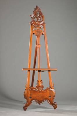 Staffelei, 1.H.20.Jh., Mahagoni massiv, im üppigem asymmetrischem Rokoko-Stil mit Rocaillen-Ornamentik, Querholz höhenverstellbar, Gesamthöhe ca. ...
