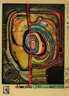 Friedensreich Hundertwasser, 1928-2000, Die 5. Augenwaage, Farbserigraphie mit Metallfolieneinsatz, drucksign., num. 1748/3000, Blatt stark vergilbt, ...