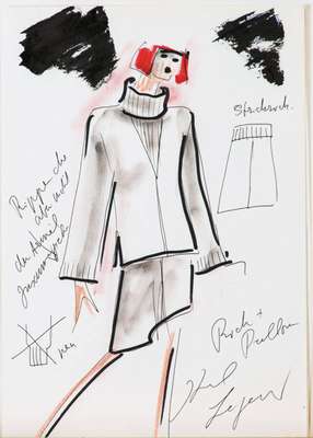Karl Lagerfeld, geb. 1933 Hamburg, Modeskizze, Filzstift auf dünnem Papier, handsign., teols mit Notizen versehen Blattgr. 29,5x21 cm