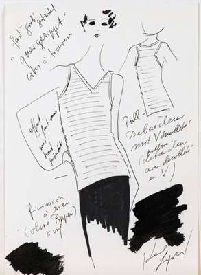 Karl Lagerfeld, geb. 1933 Hamburg, Modeskizze, Filzstift auf dünnem Papier, handsign., teils mit Notizen versehen, Blattgr. 29,5x21 cm