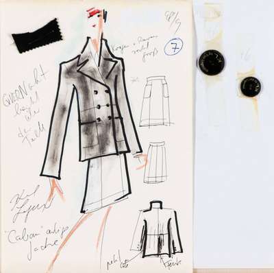 Karl Lagerfeld, geb. 1933 Hamburg, Modeskizze Caban-Jacke, Filzstift auf dünnem Papier, handsign., teils mit Notizen versehen,dat. 98/99, ...