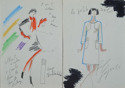 Karl Lagerfeld, geb. 1933 Hamburg, Konvolut aus 2 Modeskizzen, Filzstift auf dünnem Papier, eines handsign., teils mit Notizen versehen, eines dat. ...