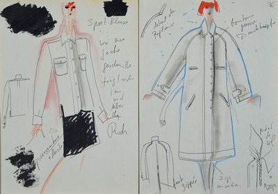 Karl Lagerfeld, geb. 1933 Hamburg, Konvolut aus 2 Modeskizzen, Filzstift auf dünnem Papier, eines handsign., teils mit Notizen versehen, Blattgr. je ...