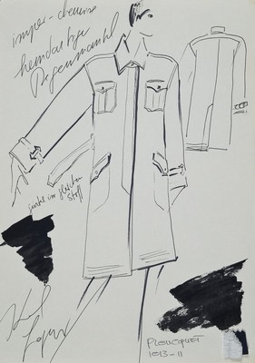 Karl Lagerfeld, geb. 1933 Hamburg, Set aus einer Modezeichnung Regenmantel mit Stoffprobehandsigniert und drei Polaroid Fotos für den ...