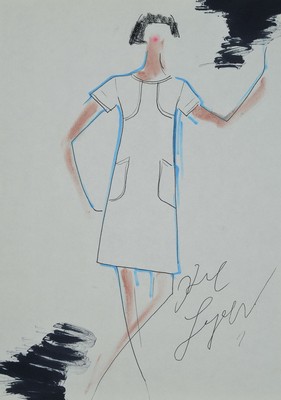Karl Lagerfeld, geb. 1933 Hamburg, Modezeichnung, Kleid, handsigniert, ca.29.5 x 21 cm und drei Polaroidfotos, für den Verkaufskatalog Quelle, ...