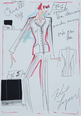 Karl Lagerfeld, 1933-2019, Mappe mit diversen Zeichnungen und Unterlagen zur Zusammenarbeit von Karl Lagerfeld und Quelle: 4 Polaroid-Fotos und 19 ...