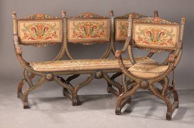 Sitzgarnitur im Neu-Renaissance-Stil, nach Art der Scherenstühle, deutsch, um 1880, Buchemassiv, bestehend aus 3-Sitzer-Bank u. 2 Scherenstühlen, ...