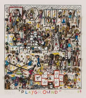 James Rizzi, 1950-2011, Playground, 3D- Lithografie, handsign., num. 96/350, dat. (19)89, Motiv 15x13,5 cm, unter Glas gerahmt, gesamt 36,5x39,5 cm, ...