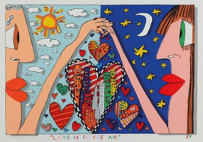 James Rizzi, 1950-2011, Love is in the air, Farblithografie, handsign., betitelt, dat. 89, Motiv 29,5x43,5 cm, unter Glas gerahmt, gesamt 54,5x67,5 ...