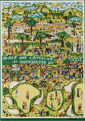 James Rizzi, 1950-2011, Golf und Landclub Hohenhardter Hof, Offset, sign., Motiv 69,5x49,5 cm, unter Glas gerahmt, gesamt 88x65,5 cm
