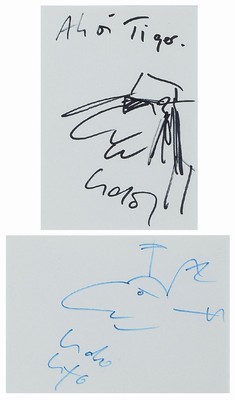 Udo Lindenberg, geb. 1946, Ahoi Tiger, 2 Filzstift-Zeichnungen, je 14,5x10 cm, im Arrangement unter Glas gerahmt, gesamt 54,5x40 cm