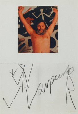 A.R. Penck, 1939-2017, Selbstbildnis, Offset auf Fotopapier, darunter Handsignatur mit Zeichnung, unter Glas gerahmt, gesamt 55x45 cm