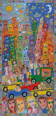 James Rizzi, 1950-2011, Farboffset, handsign., PP-Ausschnitt 109x54 cm, unter Glasgerahmt, gesamt 130x72,5 cm