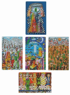 James Rizzi, 1950-2011, 5 Telefonkarten, je handsign., je num., Auflage 500, je Karte 8,5x5,5 cm, im Arrangement unter Glas gerahmt,gesamt 67x57 cm