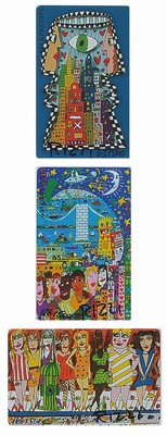James Rizzi, 1950-2011, 3 Telefonkarten, je handsign., je num., Auflage 500, je Karte 8,5x5,5 cm, im Arrangement unter Glas gerahmt,gesamt 62x42 cm